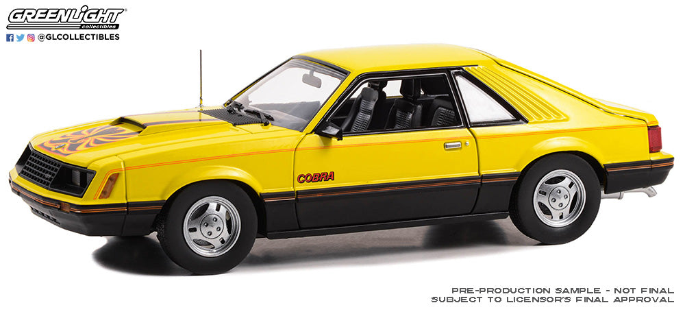 1:18 1979 Ford Mustang Cobra Fastback - Bright Yellow with Black and Red Cobra Hood Graphics and Stripe Treatment