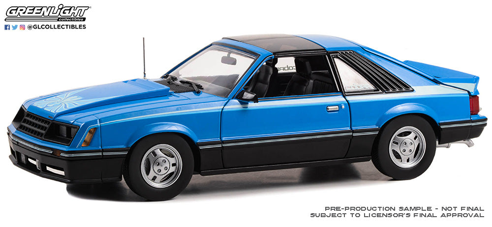 1:18 1981 Ford Mustang Cobra T-Top - Medium Blue with Light Blue Cobra Hood Graphics and Stripe Treatment