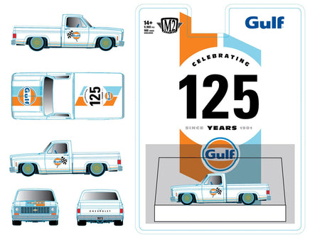 M2machines - 31500-HS92  Gulf Oil - 1973 Chevrolet Custom Deluxe 10 Lowered Pickup Truck with Custom Gulf Graphics in White Blue and Orange Now Then & Forever Collectibles