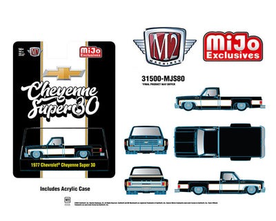 (Preorder) M2 Machines 1:64 1977 Chevrolet Cheyenne Super 30 Pickup Truck – Black and White Two Tone – MiJo Exclusives Limited Edition