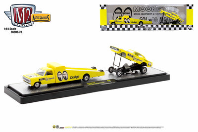 Pre-order M2 Machines AutoHaulers release #36000-78 -1974 Dodge ram truck hauling a 1971 Challenger Funny Car