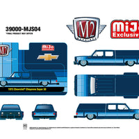 (Preorder) M2 Machines 1:64 1973 Chevrolet Cheyenne Super 30 Dually with Camper Shell – Blue – MiJo Exclusives Limited Edition