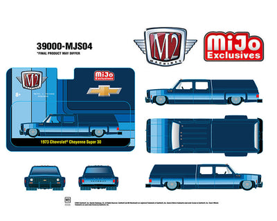 (Preorder) M2 Machines 1:64 1973 Chevrolet Cheyenne Super 30 Dually with Camper Shell – Blue – MiJo Exclusives Limited Edition