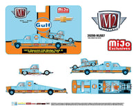 (Preorder) M2 Machines 1:64 Mijo Exclusives Auto-Haulers 1973 Chevrolet C30 Wedge Truck & 1978 Chevrolet Silverado 10 Bedless Gulf Livery – Blue – Limited Edition.