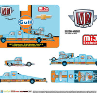 (Preorder) M2 Machines 1:64 Mijo Exclusives Auto-Haulers 1973 Chevrolet C30 Wedge Truck & 1978 Chevrolet Silverado 10 Bedless Gulf Livery – Blue – Limited Edition