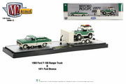 M2 Machines Auto-Haulers release 72 (36000-72)- 1969 Ford Ranger Truck pulling a 1971 Ford Bronco on an open trailer