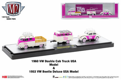 preorder M2 Machines Coca-Cola Haulers release TW26 (56000-TW26) -1960 Volkswagen Double Cab Truck with matching enclosed trailer and 1953 VW Beetle TAB
