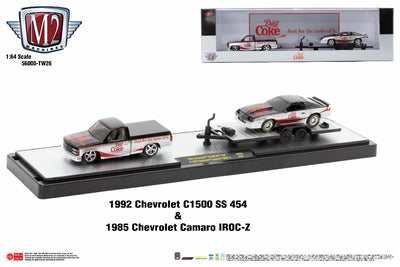 preorder M2 Machines Coca-Cola Haulers release TW26 (56000-TW26) -Diet Coke skinned 1992 Chevrolet C1500, and 1985 Chevy Camaro