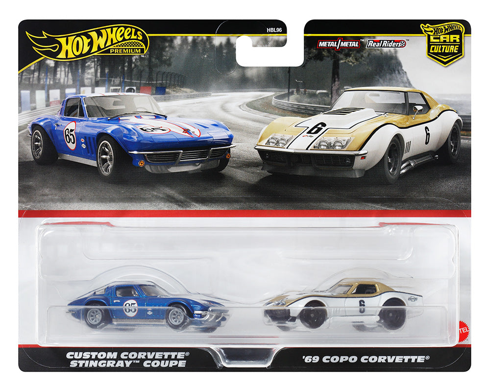 Hot Wheels 1:64 Car Culture Premium 2-Car Set Custom Corvette Stingray Coupe & 69 COPO Corvette