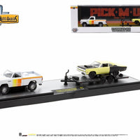 M2 Machines AutoHaulers release #36000-77 - 1979 Dodge 150 Power Wagon hauling on an open trailer a 1969 Plymouth Road Runner