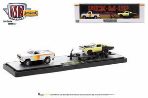 M2 Machines AutoHaulers release #36000-77 - 1979 Dodge 150 Power Wagon hauling on an open trailer a 1969 Plymouth Road Runner