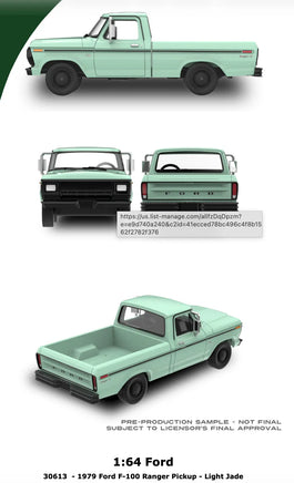Greenlight Collectibles 1:64 1979 Ford F-100 Ranger Pickup – Light Jade (Hobby Exclusives Now Then & Forever Collectibles