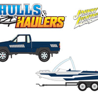 (Preorder) Johnny Lightning 1:64 Hulls & Haulers 1985 Toyota SR5 Pickup w/Malibu Speed Boat Trailer – Blue