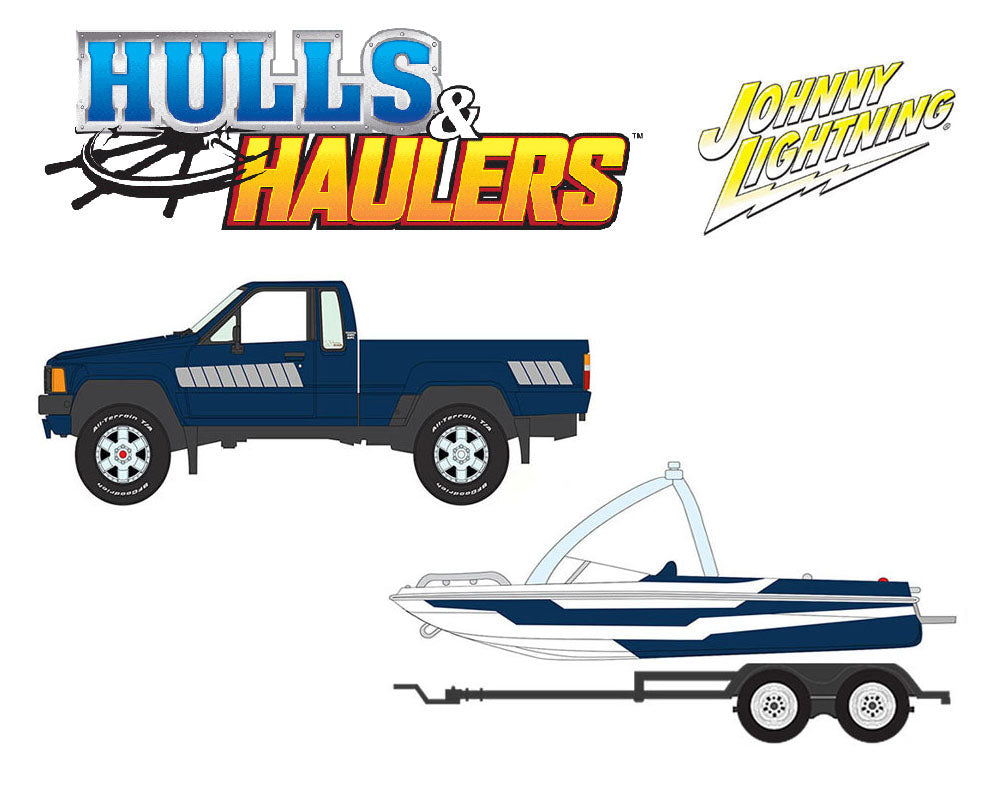 (Preorder) Johnny Lightning 1:64 Hulls & Haulers 1985 Toyota SR5 Pickup w/Malibu Speed Boat Trailer – Blue