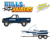 (Preorder) Johnny Lightning 1:64 Hulls & Haulers 1985 Toyota SR5 Pickup w/Malibu Speed Boat Trailer – Blue