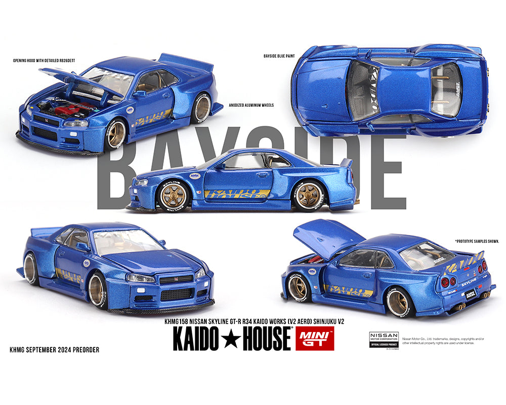 (Preorder) Kaido House x Mini GT 1:64 Nissan Skyline GT-R (R34) Kaido Works (V2 Aero) SHINJUKU V2- Blue