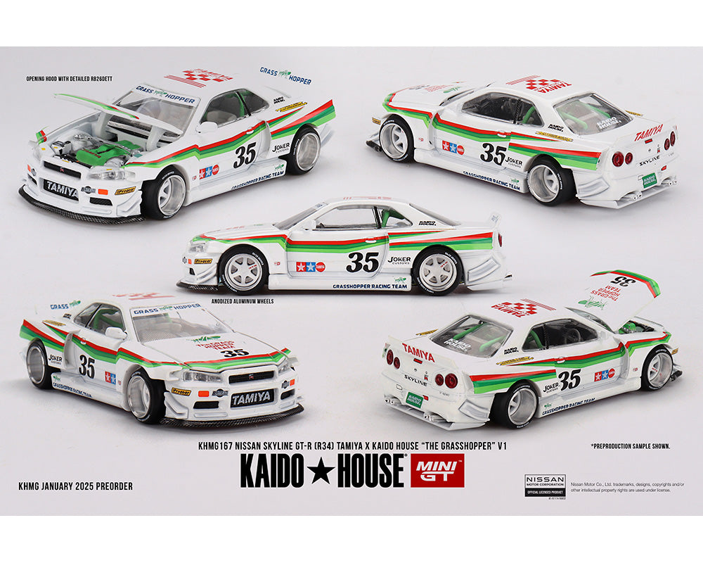 (Preorder) Kaido House x Mini GT 1:64 Nissan Skyline GT-R (R34) Tamiya X Kaido House “The Grasshopper” V1 – White