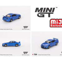 (Preorder) Mini GT 1:64 Nissan Skyline GT-R (R34) V-Spec – Bayside Blue – Mijo Exclusives