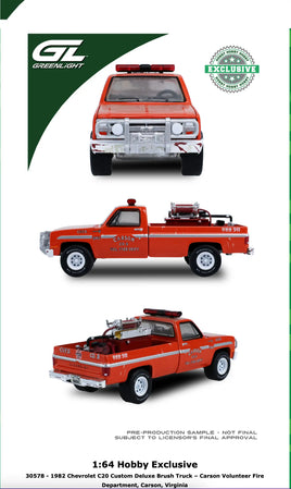 Greenlight Collectibles 1982 Chevrolet C20 Custom Deluxe Brush Truck – Carson Volunteer Fire Department, Carson, Virginia (Hobby Exclusive)