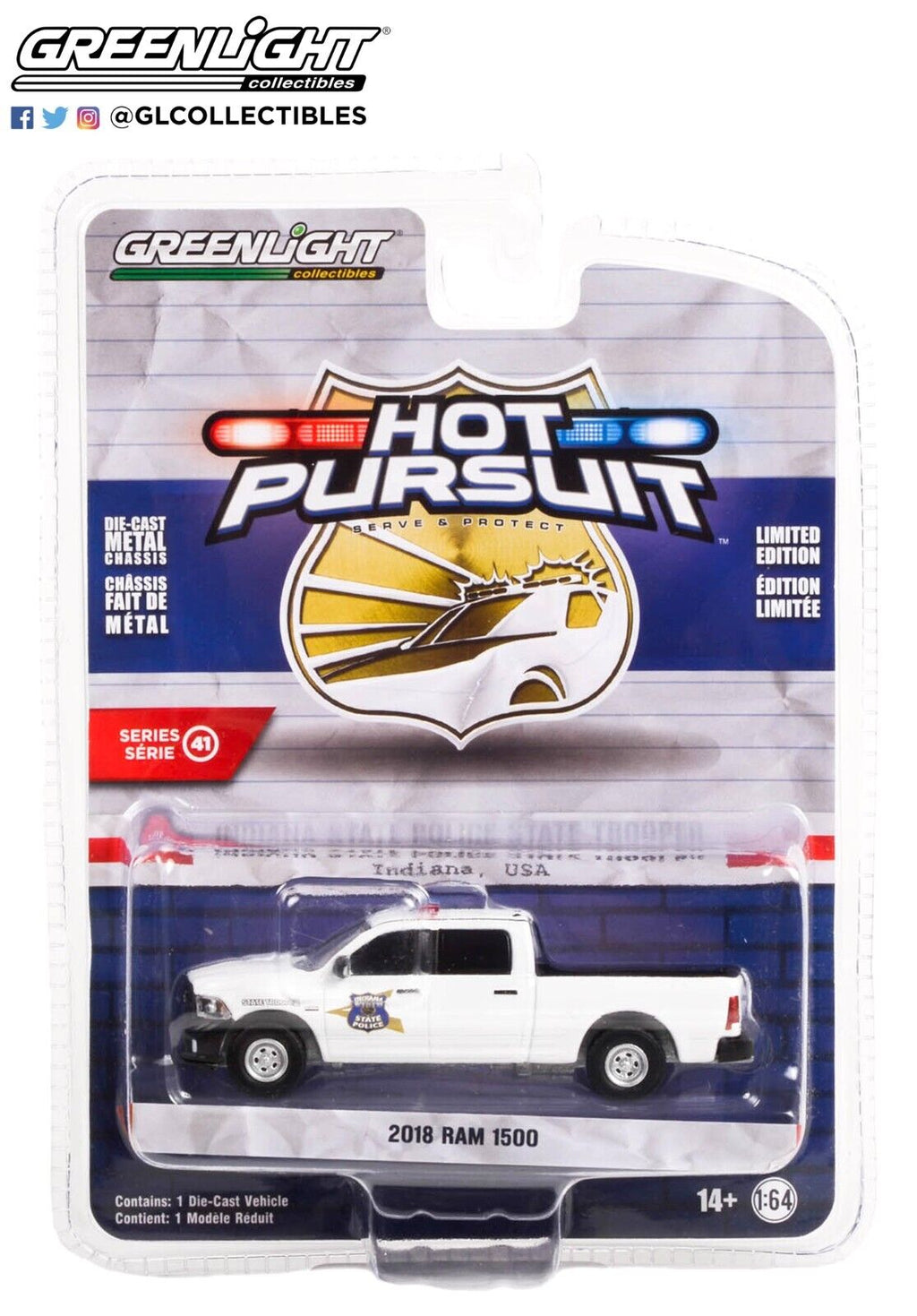 Greenlight 1/64 Hot Pursuit Series 41   2018 Ram 1500 Indiana State Police